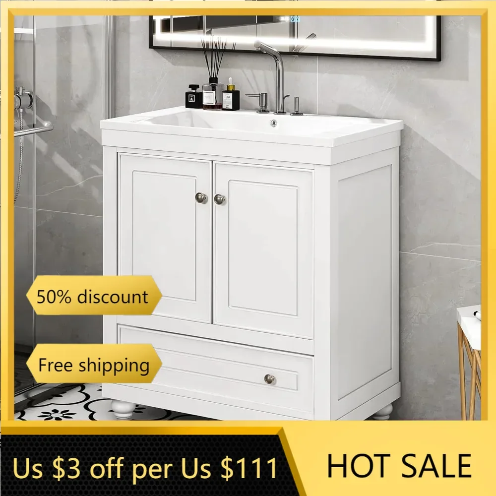 30" Bathroom Cabinet Vanities with Sink Set Combo, Ceramic Counter top, Solid Wood Legs, Soft Closing Doors and Drawer, White
30" Bathroom Cabinet Vanities with Sink Set Combo, Ceramic Counter top, Solid Wood Legs, Soft Closing Doors and Drawer, White