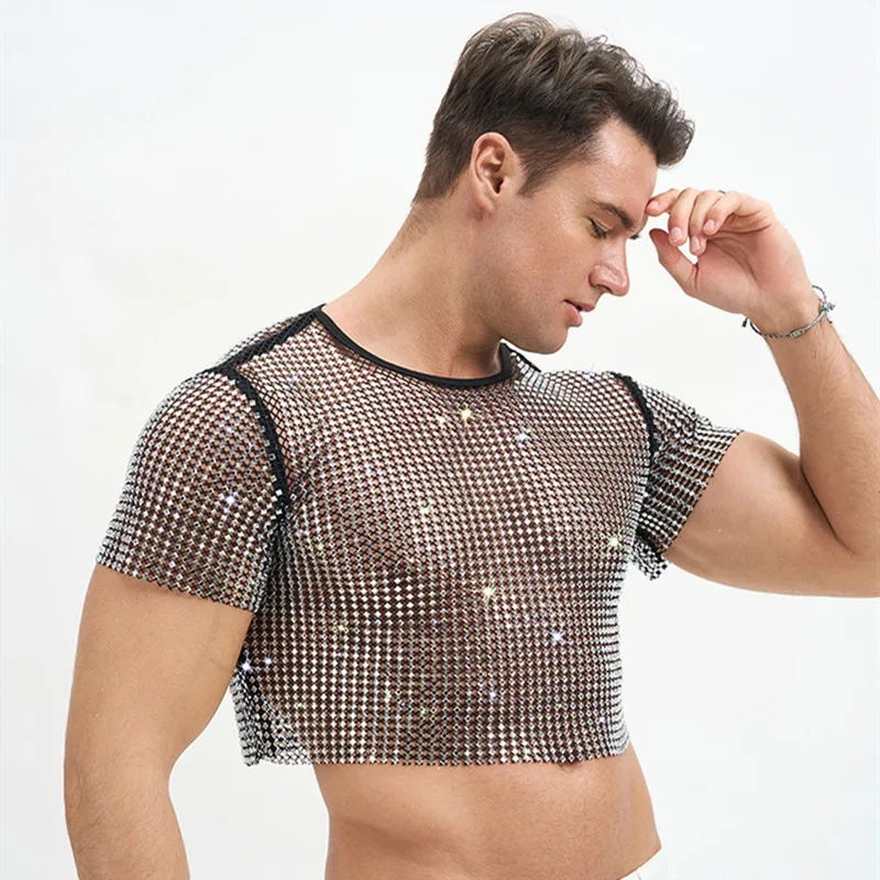 Men Rhinestone Fishnet Crop Top Short Sleeve See Through T-shirt Glitter Crystal Nightclub Rave Festival Party Stage Performance
Men Rhinestone Fishnet Crop Top Short Sleeve See Through T-shirt Glitter Crystal Nightclub Rave Festival Party Stage Performance