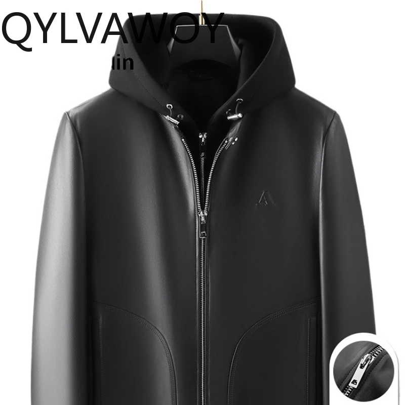 QYLVAWOY 2025, осень-зима, мужская кожаная куртка из натуральной овчины с капюшоном, деловая повседневная верхняя одежда кожаная куртка LJ2647 
QYLVAWOY 2025, осень-зима, мужская кожаная куртка из натуральной овчины с капюшоном, деловая повседневная верхняя одежда кожаная куртка LJ2647
