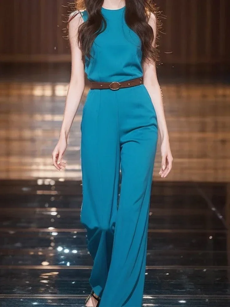 Elegant Women Round Collar Office Ladies Romper Jumpsuit 2025 New Summer Blue Sleeveless Tank High Waist Belt Wide Leg Jumpsuits
Elegant Women Round Collar Office Ladies Romper Jumpsuit 2025 New Summer Blue Sleeveless Tank High Waist Belt Wide Leg Jumpsuits