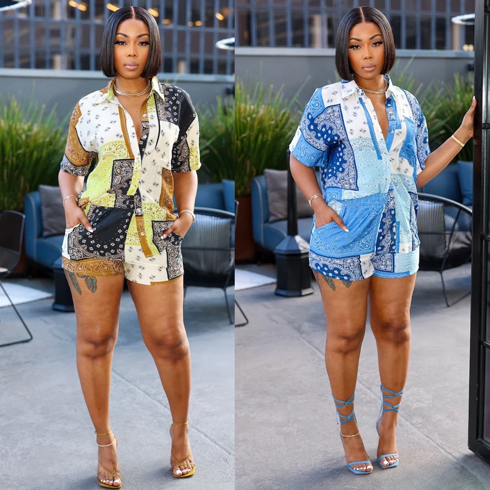 Женский комплект с узором пейсли, модная бандана, рубашка с короткими рукавами и шорты с принтом, костюм 2025 года, летние каникулы, повседневные комплекты из 2 предметов 
Женский комплект с узором пейсли, модная бандана, рубашка с короткими рукавами и шорты с принтом, костюм 2025 года, летние каникулы, повседневные комплекты из 2 предметов