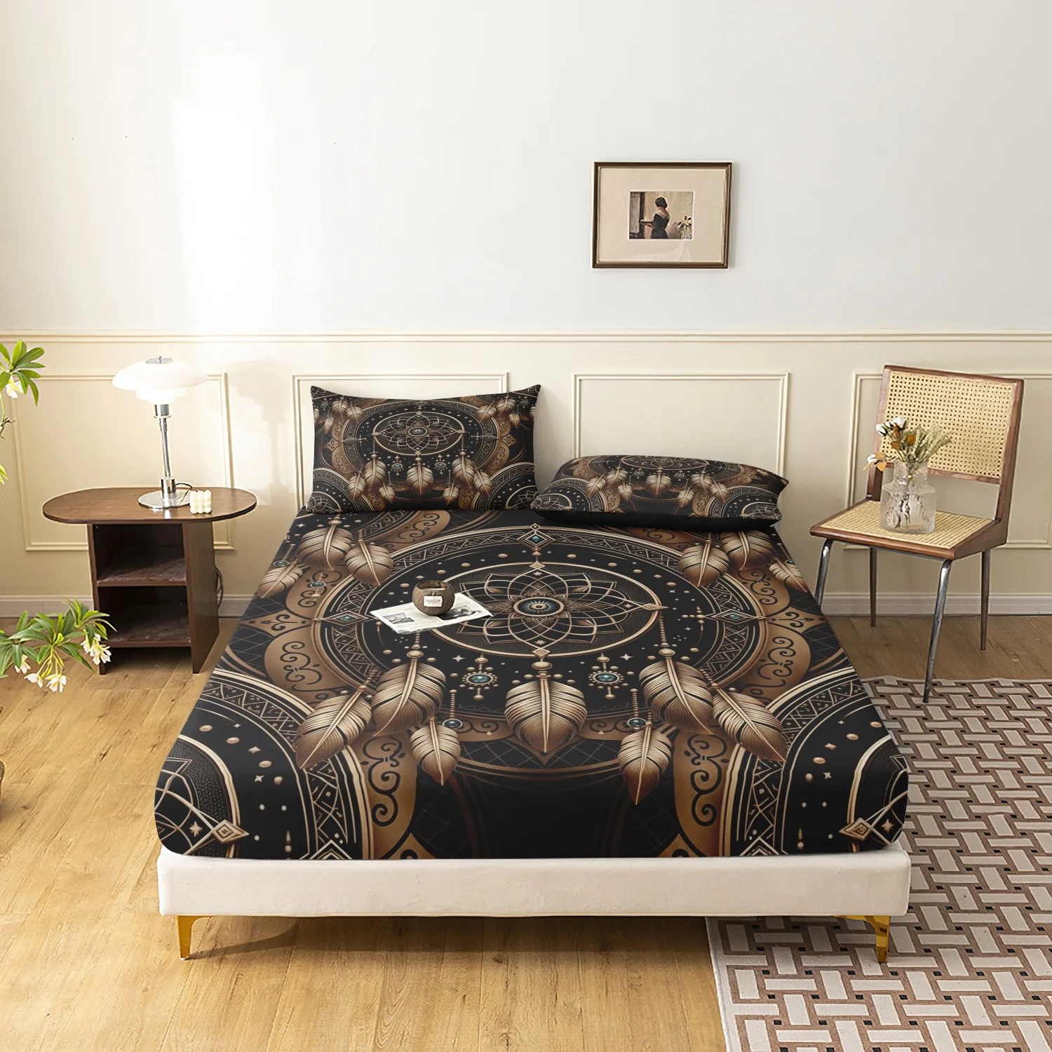 3pcs Bohemian Dreamcatcher Print Fitted Sheet Set, Vintage Black Gold Bedding Set High-Definition Print For Home & Dorm
3pcs Bohemian Dreamcatcher Print Fitted Sheet Set, Vintage Black Gold Bedding Set High-Definition Print For Home & Dorm