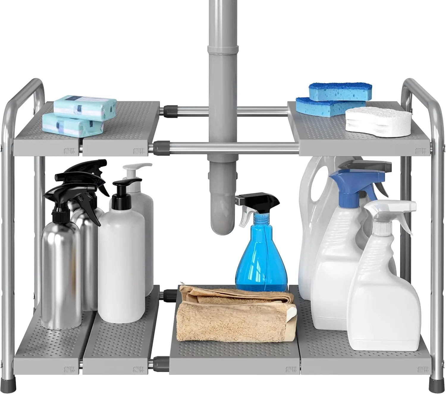 2-х уровневая расширяемая стойка под раковину, регулируемая, 15,75–25 дюймов, серебристая
2-х уровневая расширяемая стойка под раковину, регулируемая, 15,75–25 дюймов, серебристая