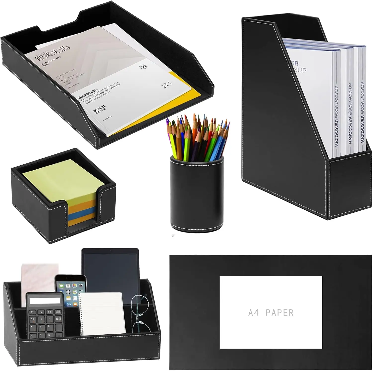 PU Leather Desk Organizer Set with Writing Pad, Letter Tray, File Sorter, Pen Cup, Note and Card Holders - Office Gift
PU Leather Desk Organizer Set with Writing Pad, Letter Tray, File Sorter, Pen Cup, Note and Card Holders - Office Gift