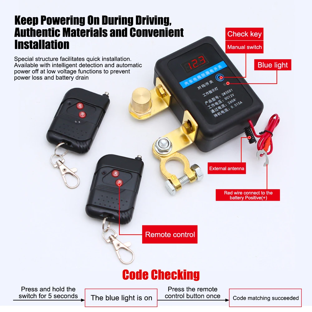 Remote Battery Disconnect Switch 12V 260A Kill Switch Automatic Power Off Prevent Battery Drain with Remote for Car Truck SUV
Remote Battery Disconnect Switch 12V 260A Kill Switch Automatic Power Off Prevent Battery Drain with Remote for Car Truck SUV