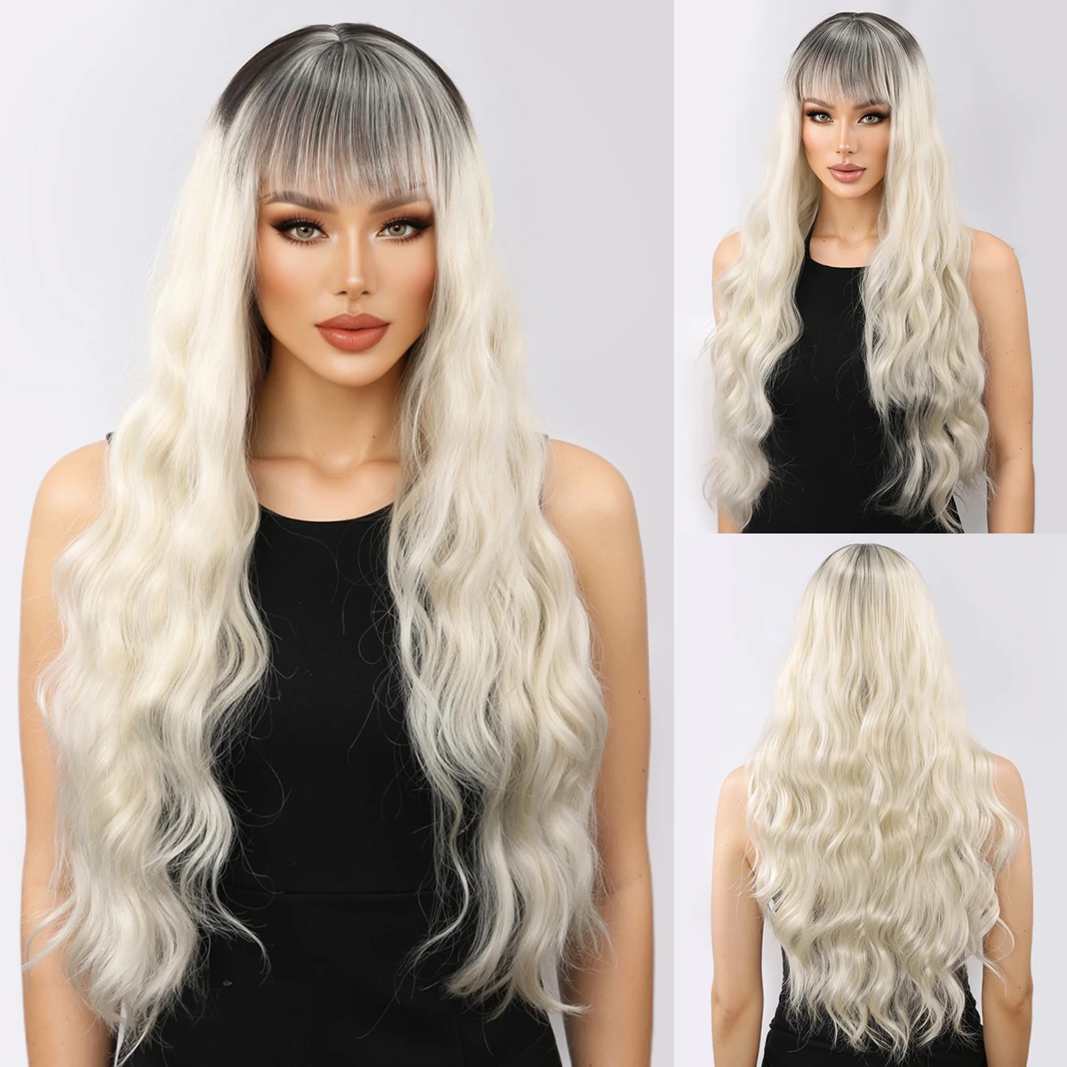 Highlighted brown bangs with big wavy long curly hair, voluminous and realistic hair extensions-Synthetic fiber wig
Highlighted brown bangs with big wavy long curly hair, voluminous and realistic hair extensions-Synthetic fiber wig