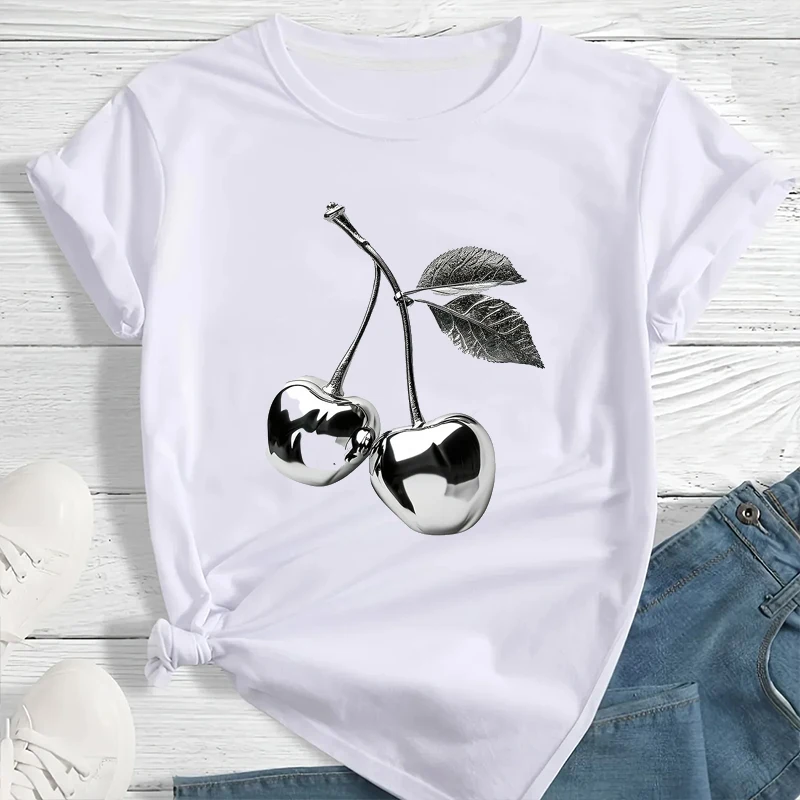 Funny Short Sleeve T-Shirt Casual Spring Top with Cartoon Design Casual Wear Modern Silver Cherry Print Women Round Neck Clothes
Funny Short Sleeve T-Shirt Casual Spring Top with Cartoon Design Casual Wear Modern Silver Cherry Print Women Round Neck Clothes