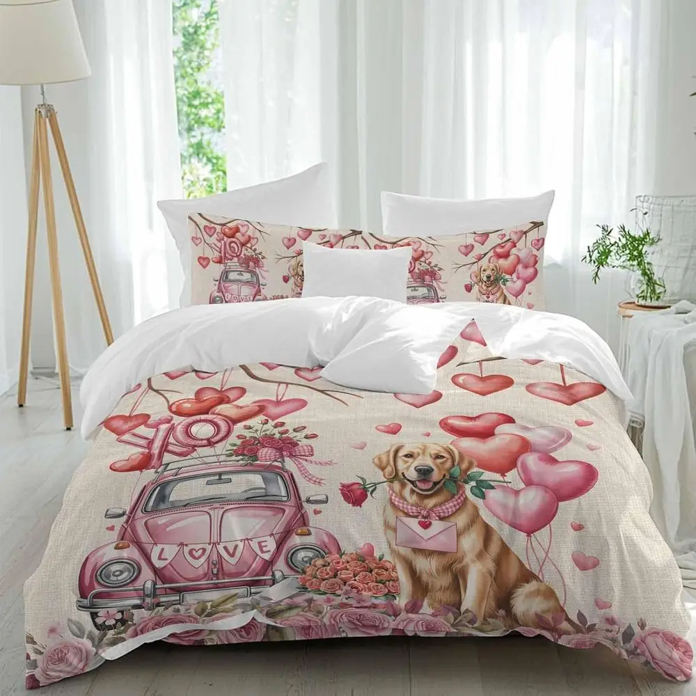Valentine's Day Sheet Set, Watercolor Dog Pink Truck Roses Love Heart Tree Linen Texture 4 Pieces Breathable Sot Duvet Cover Set
Valentine's Day Sheet Set, Watercolor Dog Pink Truck Roses Love Heart Tree Linen Texture 4 Pieces Breathable Sot Duvet Cover Set