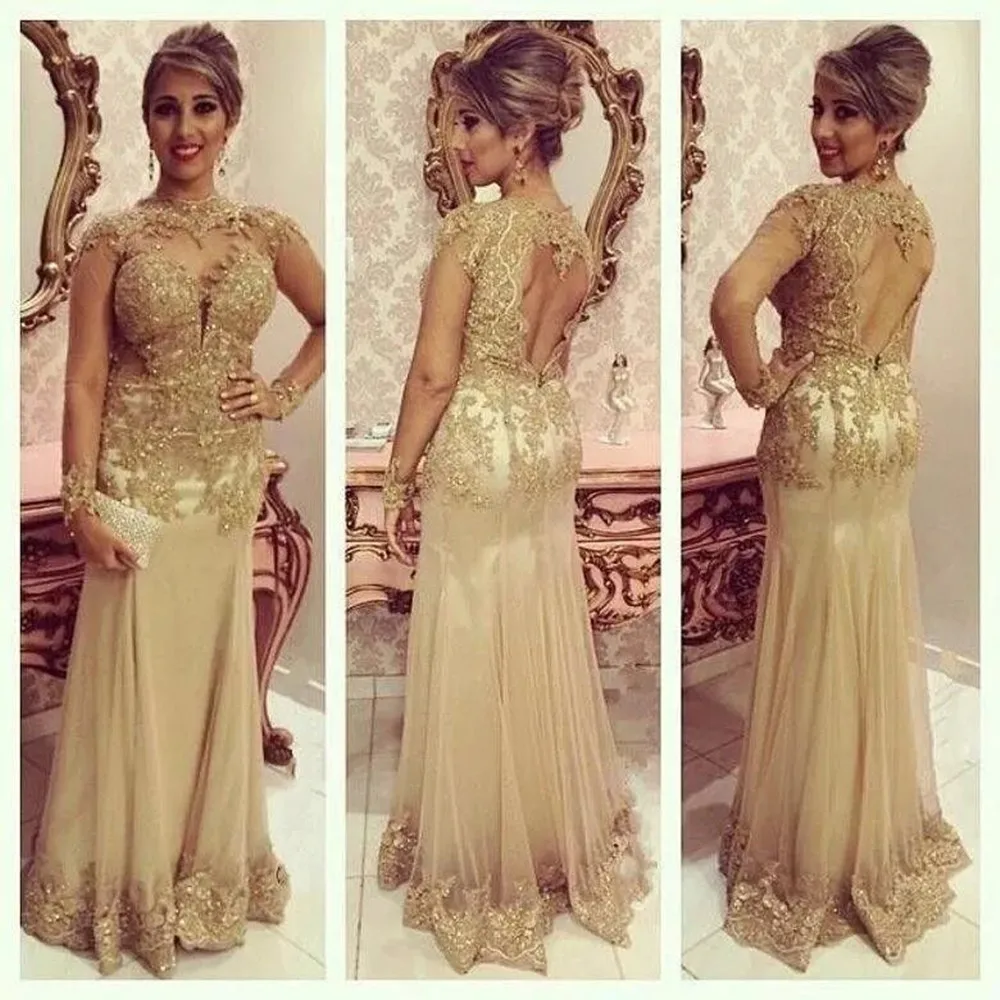 2022 Elegant Gold Mother of the Bride Dresses Pearls Lace Appliques Long Sleeves Vestidos Sexy Open Back Formal Dress Custom
2022 Elegant Gold Mother of the Bride Dresses Pearls Lace Appliques Long Sleeves Vestidos Sexy Open Back Formal Dress Custom