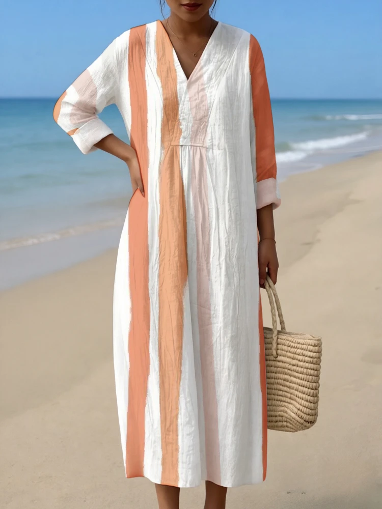 Summer Casual Tunic Dress Women's Loose V-Neck 3/4 Sleeve Maxi Sundress with Color Block Stripes Breathable Flowy Robe Femme
Summer Casual Tunic Dress Women's Loose V-Neck 3/4 Sleeve Maxi Sundress with Color Block Stripes Breathable Flowy Robe Femme