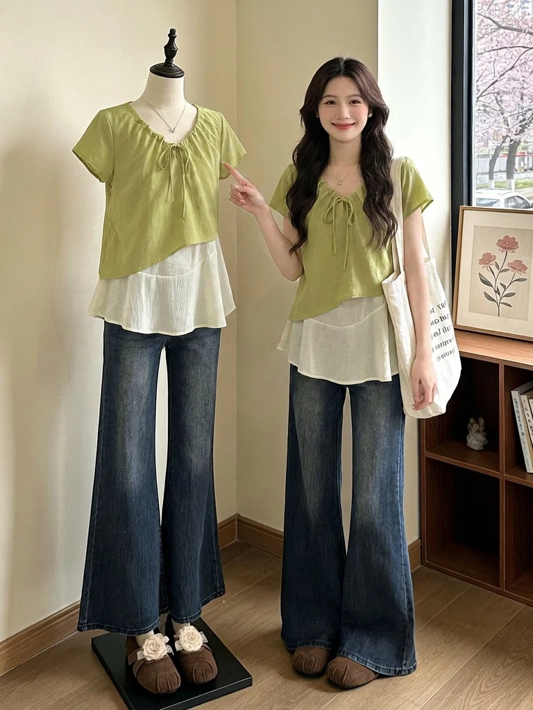 Summer New Green V-Neck Short Sleeve Doll Shirt Women's plus Size Korean Style Loose Fit Commute Wind Top Large Size
Summer New Green V-Neck Short Sleeve Doll Shirt Women's plus Size Korean Style Loose Fit Commute Wind Top Large Size