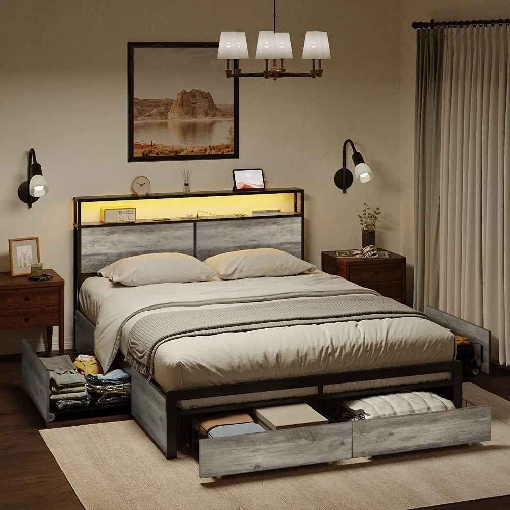 Bed Frame with Storage Headboard and 4 Drawers LED Lights Metal Platform Non-Slip without Noise Mattress Foundation Strong
Bed Frame with Storage Headboard and 4 Drawers LED Lights Metal Platform Non-Slip without Noise Mattress Foundation Strong