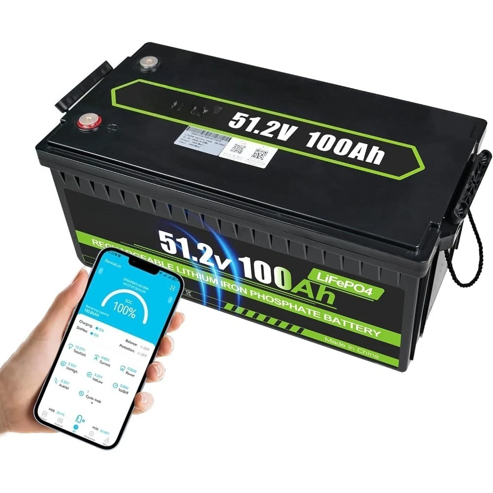 Перезаряжаемая батарея LiFePO4 51,2 В (48 В), 100 Ач с Bluetooth BMS, до 15000 циклов, 80 % DOD, открывает от -10 ° от C до55 лет ° C 
Перезаряжаемая батарея LiFePO4 51,2 В (48 В), 100 Ач с Bluetooth BMS, до 15000 циклов, 80 % DOD, открывает от -10 ° от C до55 лет ° C