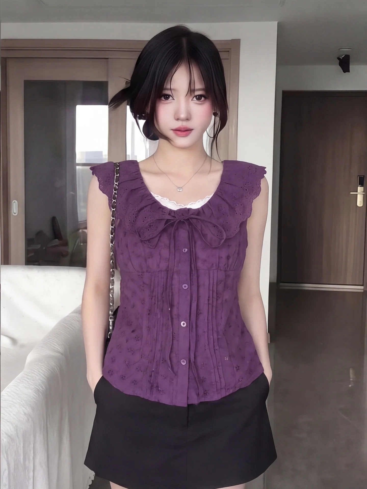 French Style Short Sleeve Shirt Women's Summer New Age Reduction Lovely Purple Lace Hem Blouse And Strap Two Piece Set
French Style Short Sleeve Shirt Women's Summer New Age Reduction Lovely Purple Lace Hem Blouse And Strap Two Piece Set