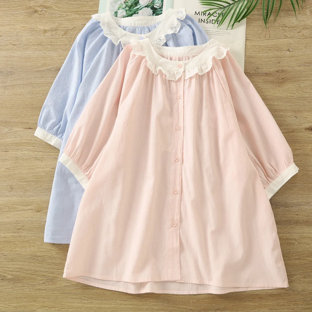 Japanese Mori Girl Vintage Striped Patchwork Cotton Shirts Women Summer Stand Ruffled Collar Short Sleeve Casual Loose Blouse
Japanese Mori Girl Vintage Striped Patchwork Cotton Shirts Women Summer Stand Ruffled Collar Short Sleeve Casual Loose Blouse