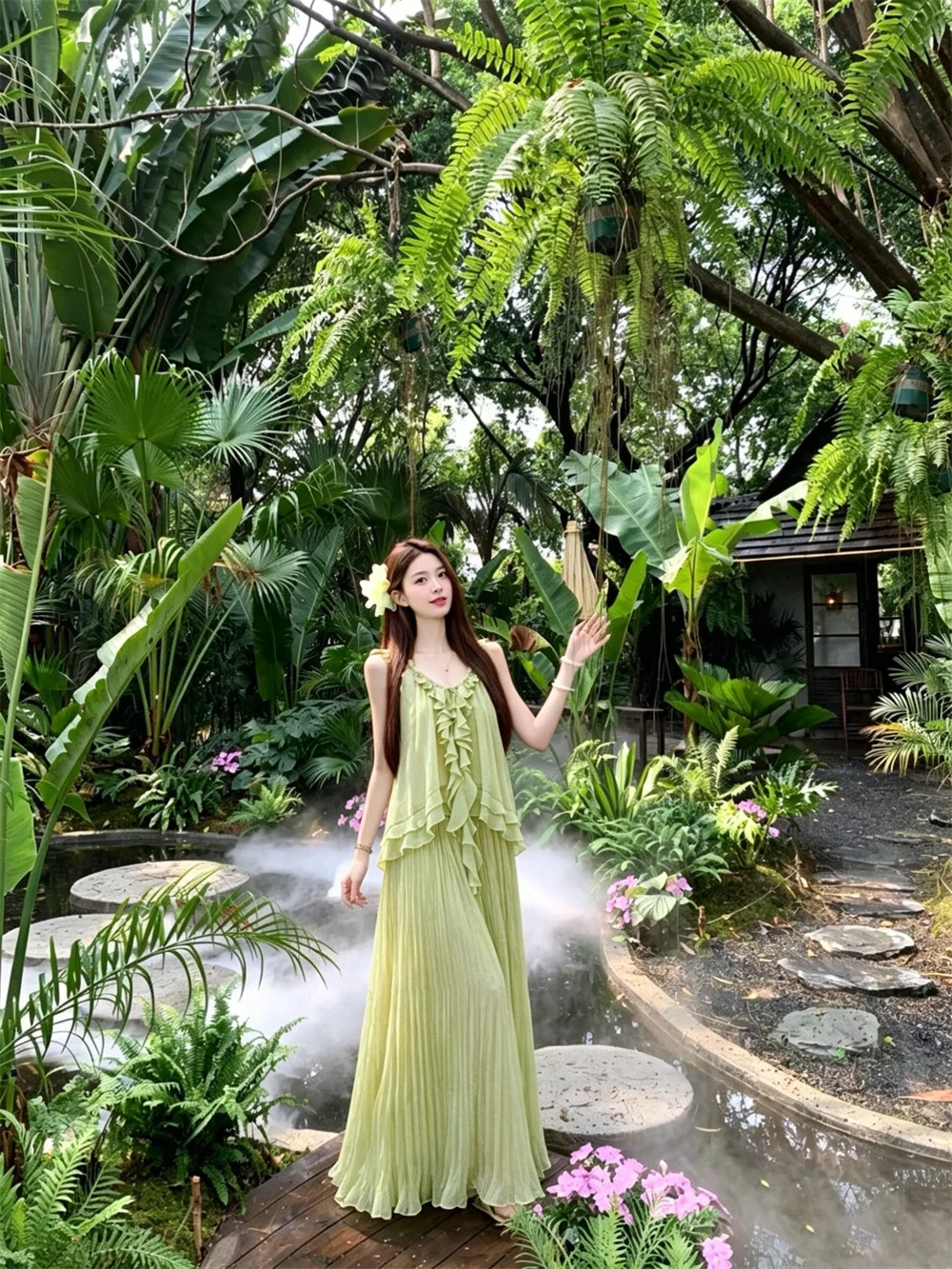 Green V-Neck Sleeveless Chiffon Blouse And High Waist Midi Skirt Set Women's Summer Fashion Ensemble with Lace Hemline
Green V-Neck Sleeveless Chiffon Blouse And High Waist Midi Skirt Set Women's Summer Fashion Ensemble with Lace Hemline