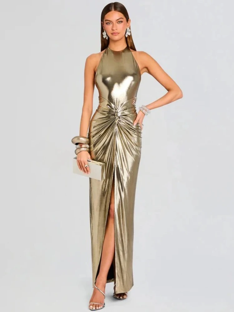 Sexy O Neck Backless Gold Printed Long Dress Women Elegant Sleeveless Cross Ruched Front Split Celebrity Evening Party Drsses
Sexy O Neck Backless Gold Printed Long Dress Women Elegant Sleeveless Cross Ruched Front Split Celebrity Evening Party Drsses