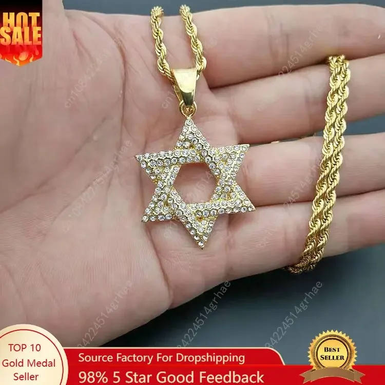New 1pcs Hip Hop Rhinestone Gold Color Stainless Steel Necklaces Jewish Star Of David Hexagram Pendant Necklace For Men Rapper
New 1pcs Hip Hop Rhinestone Gold Color Stainless Steel Necklaces Jewish Star Of David Hexagram Pendant Necklace For Men Rapper