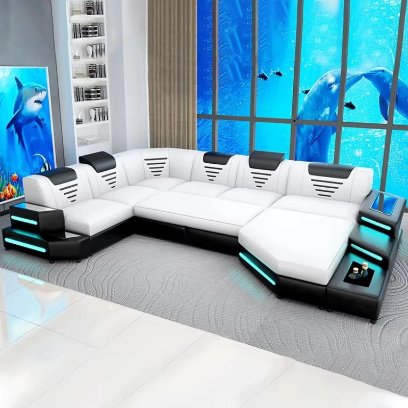 Living Room Furniture Leather Sofa Set U-Shaped Combination Leather Corner Sofa Bed with Light Emitting Diode
Living Room Furniture Leather Sofa Set U-Shaped Combination Leather Corner Sofa Bed with Light Emitting Diode