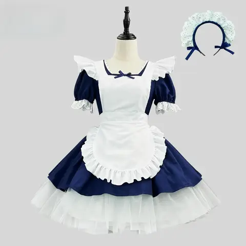 Anime Cosplayer Blue Classical Lolita Maid Cosplay Costume Summer Comic-Con Dress Up Square Neck Dress with Apron Carnival Wear
