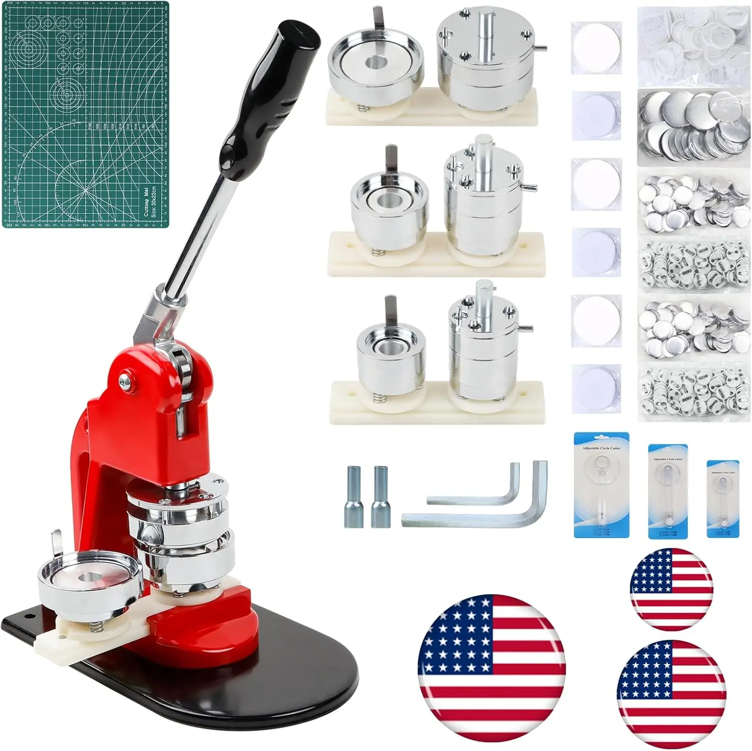 Button Maker Machine Multiple Sizes 1+1.25+2.25 Inch Interchangeable Badge Press with 300 Sets Supplies Circle Cutter & Cutting Mat
Button Maker Machine Multiple Sizes 1+1.25+2.25 Inch Interchangeable Badge Press with 300 Sets Supplies Circle Cutter & Cutting Mat