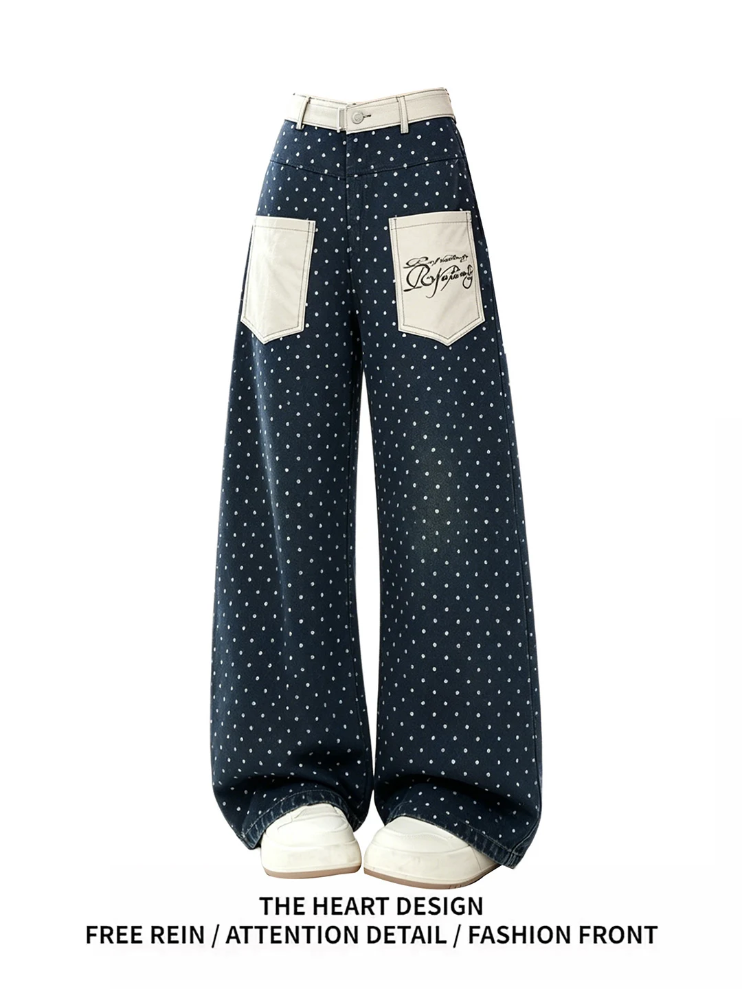 Retro American Spliced Color Block Polka Dot Wide Leg Jeans Women Summer Loose Slimming High Waist Casual Blue Denim Pants
Retro American Spliced Color Block Polka Dot Wide Leg Jeans Women Summer Loose Slimming High Waist Casual Blue Denim Pants