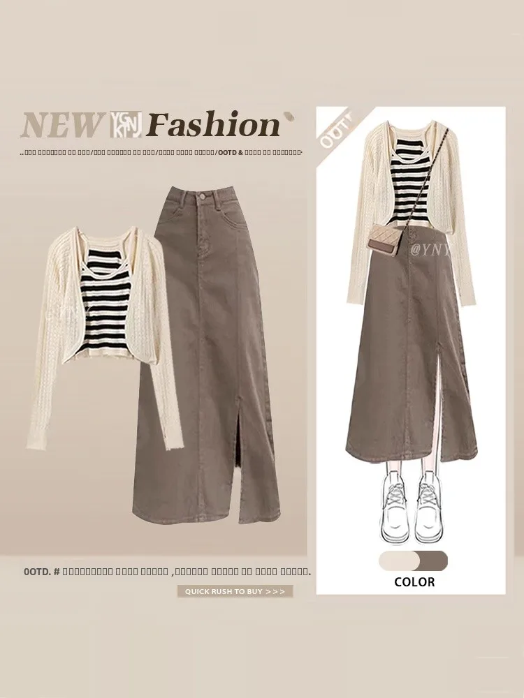 Spring Thin Cardigan High Waist Split Stripe Vest Skirt Set Korean Sle Simple Faion Women's Tee-Piece Suit Ensemble
Spring Thin Cardigan High Waist Split Stripe Vest Skirt Set Korean Sle Simple Faion Women's Tee-Piece Suit Ensemble