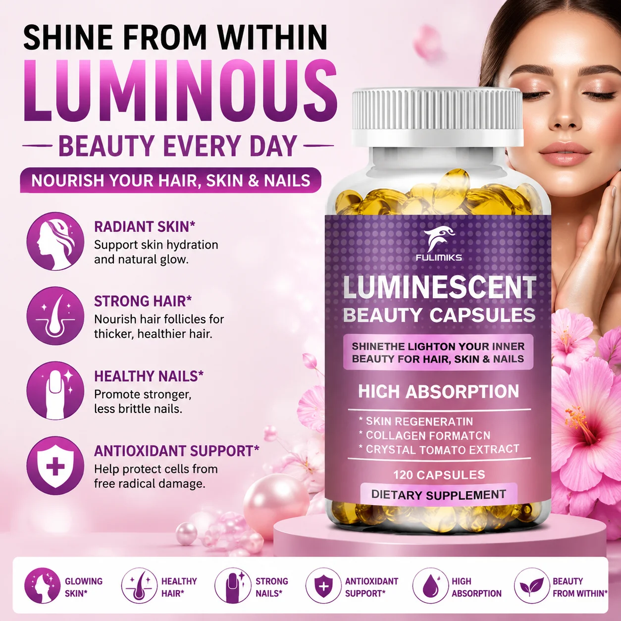 FULIMIKS Crystal White Tomato Beauty Capsules, with Rosehip & Vitamins C/E, Supports Skin Brightness, Transparency & Anti-Aging
FULIMIKS Crystal White Tomato Beauty Capsules, with Rosehip & Vitamins C/E, Supports Skin Brightness, Transparency & Anti-Aging