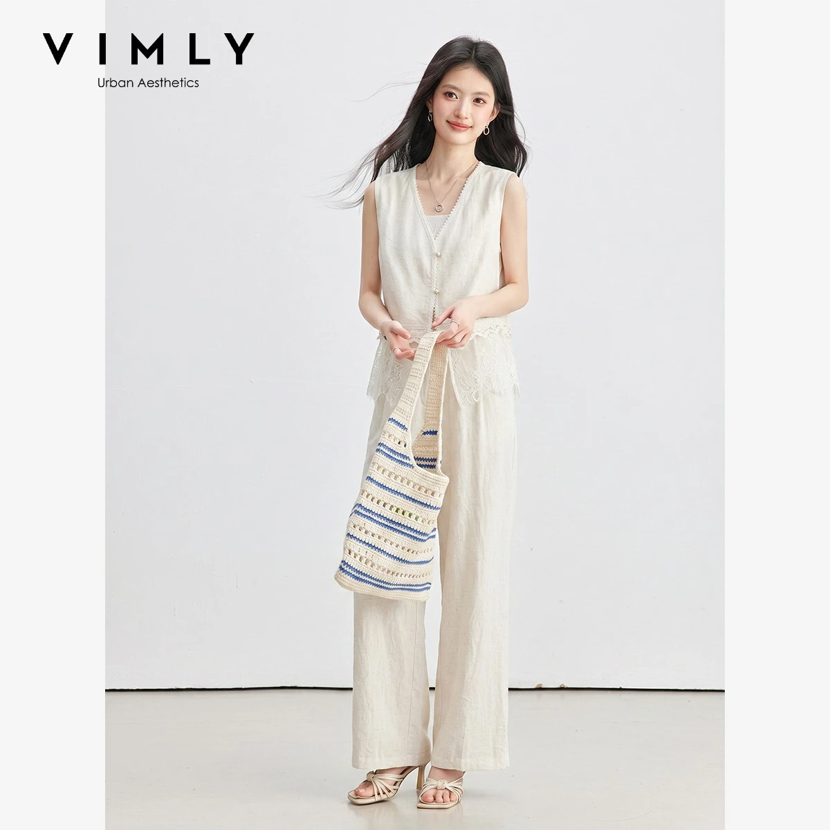 VIMLY Women's Summer Commuter Vest Suit 2026 New Lace Sleeveless Top Trousers Two-piece Set White Simple Clothing 31255
VIMLY Women's Summer Commuter Vest Suit 2026 New Lace Sleeveless Top Trousers Two-piece Set White Simple Clothing 31255