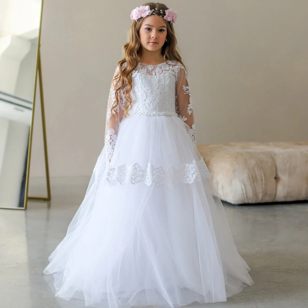 Customized Flower Girl Dresses White Tulle Pearls Belt Lace Appliques Long Sleeve For Wedding Birthday Party Holy Communion Gown
Customized Flower Girl Dresses White Tulle Pearls Belt Lace Appliques Long Sleeve For Wedding Birthday Party Holy Communion Gown