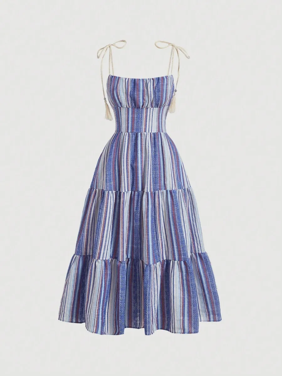 Striped Ruched Bust Ruffle Hem Cami Dress For Women
Striped Ruched Bust Ruffle Hem Cami Dress For Women