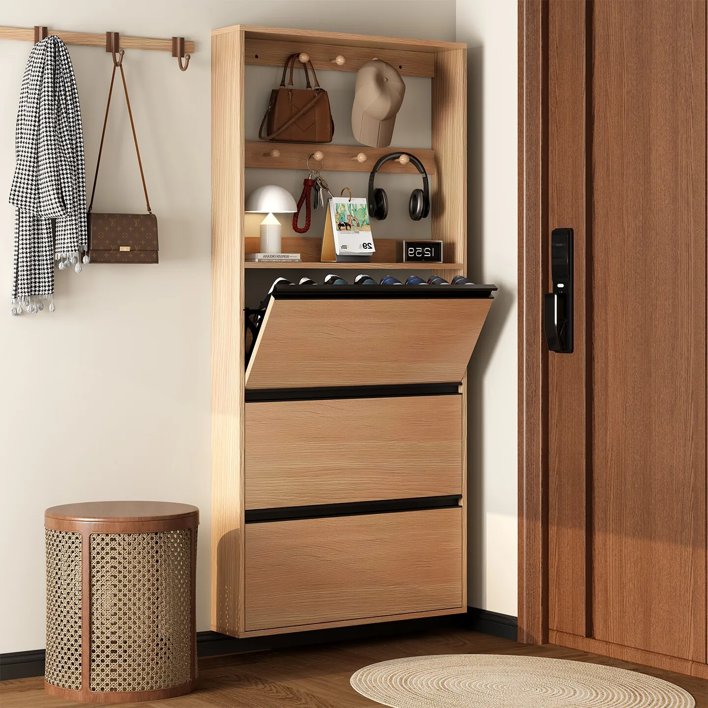 Entry-level slim shoe cabinet, home use, ultra-thin, all-in-one, wall-mounted, solid wood, tilt-out design
Entry-level slim shoe cabinet, home use, ultra-thin, all-in-one, wall-mounted, solid wood, tilt-out design