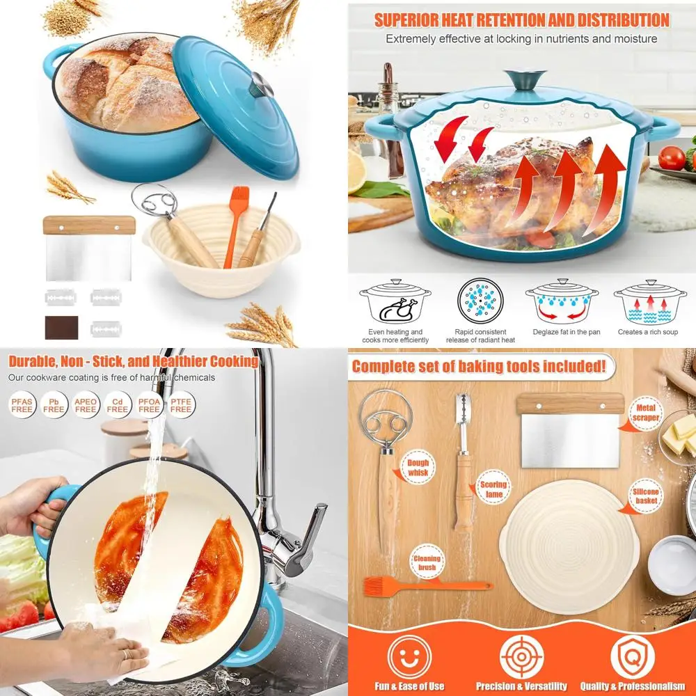 Эмалированная чугунная печь для хлеба, голландская печь, принадлежности для выпечки хлеба на закваске с крышкой и аксессуарами для расстойки
Эмалированная чугунная печь для хлеба, голландская печь, принадлежности для выпечки хлеба на закваске с крышкой и аксессуарами для расстойки