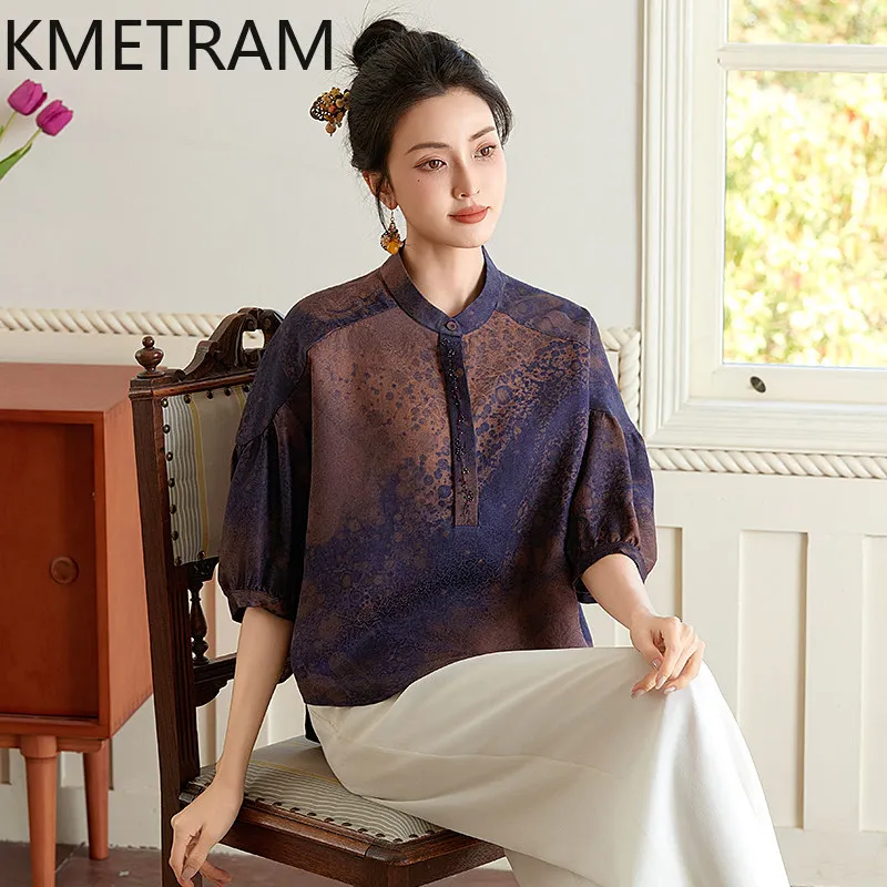 KMETRAM 100% Mulberry Silk Xiangyunsha Blouse Women 2026 Summer High-end Stand Collar Loose Half-sleeved Shirts Blusa Feminina
KMETRAM 100% Mulberry Silk Xiangyunsha Blouse Women 2026 Summer High-end Stand Collar Loose Half-sleeved Shirts Blusa Feminina