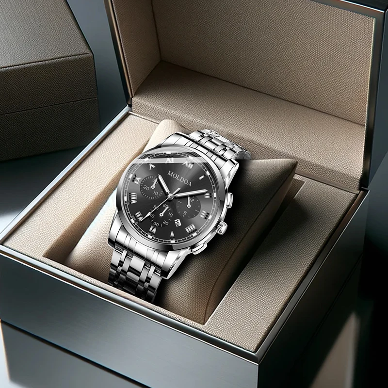 Мужские серебряные и черные элитные повседневные кварцевые часы с тремя циферблатами и календарем на стальном ремешке.
Мужские серебряные и черные элитные повседневные кварцевые часы с тремя циферблатами и календарем на стальном ремешке.