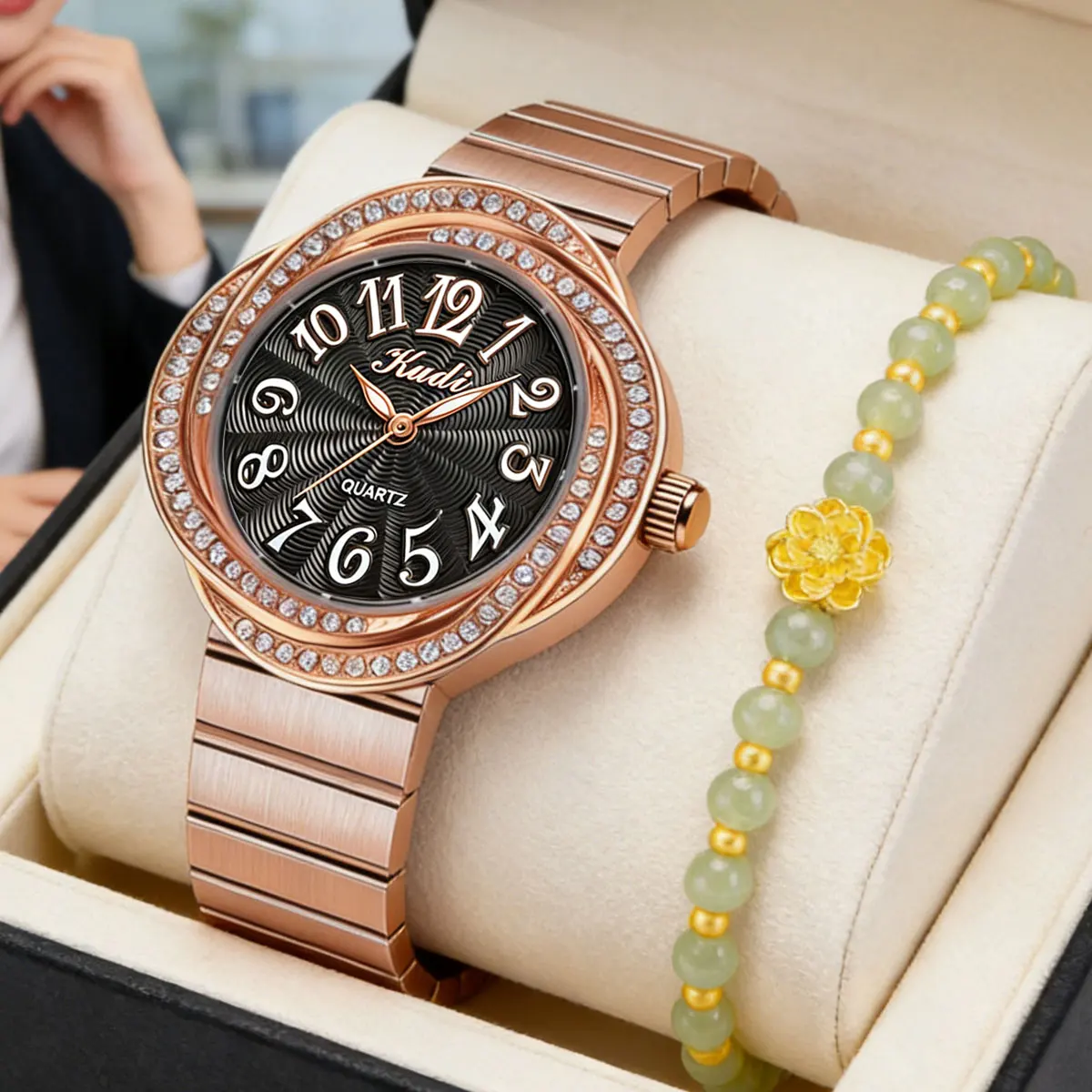 Luxury Women's Rose Gold Watch with Diamond-Encrusted Arabic Numerals on Steel Band for Business And Casual Wear
Luxury Women's Rose Gold Watch with Diamond-Encrusted Arabic Numerals on Steel Band for Business And Casual Wear