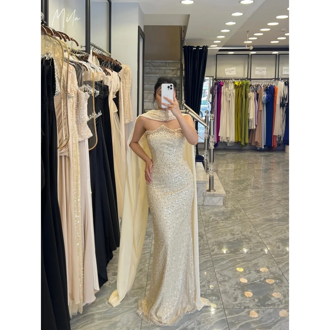 Mila Champagne Gold Sequin Strapless Prom Dresses Choker Tulle Cape Customized Formal Evening Mermaid Gown vestidos de gala 2025
Mila Champagne Gold Sequin Strapless Prom Dresses Choker Tulle Cape Customized Formal Evening Mermaid Gown vestidos de gala 2025