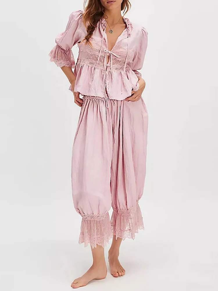 Sexy Trim V-neck Blouse & Flared Lantern Pant Set Elegant Tie-Up Ruffle Pleat Long Pant Outfits Casual 3/4 Sleeve Soild 2Pc Suit
Sexy Trim V-neck Blouse & Flared Lantern Pant Set Elegant Tie-Up Ruffle Pleat Long Pant Outfits Casual 3/4 Sleeve Soild 2Pc Suit