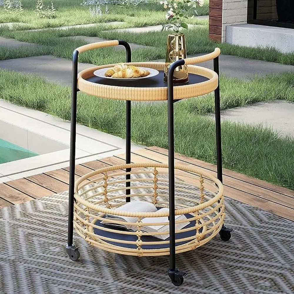 Outdoor Boho Style End Table, All-Weather Wicker 2-Tier Storage Side Table with Wheels,
Outdoor Boho Style End Table, All-Weather Wicker 2-Tier Storage Side Table with Wheels,