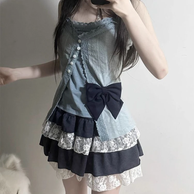 Summer Japanese Sweet Harajuku High Street Three Piece Sets Y2k Aesthetic Tank Top Buttons Camisole Punk Spliced Lace Skirts
Summer Japanese Sweet Harajuku High Street Three Piece Sets Y2k Aesthetic Tank Top Buttons Camisole Punk Spliced Lace Skirts