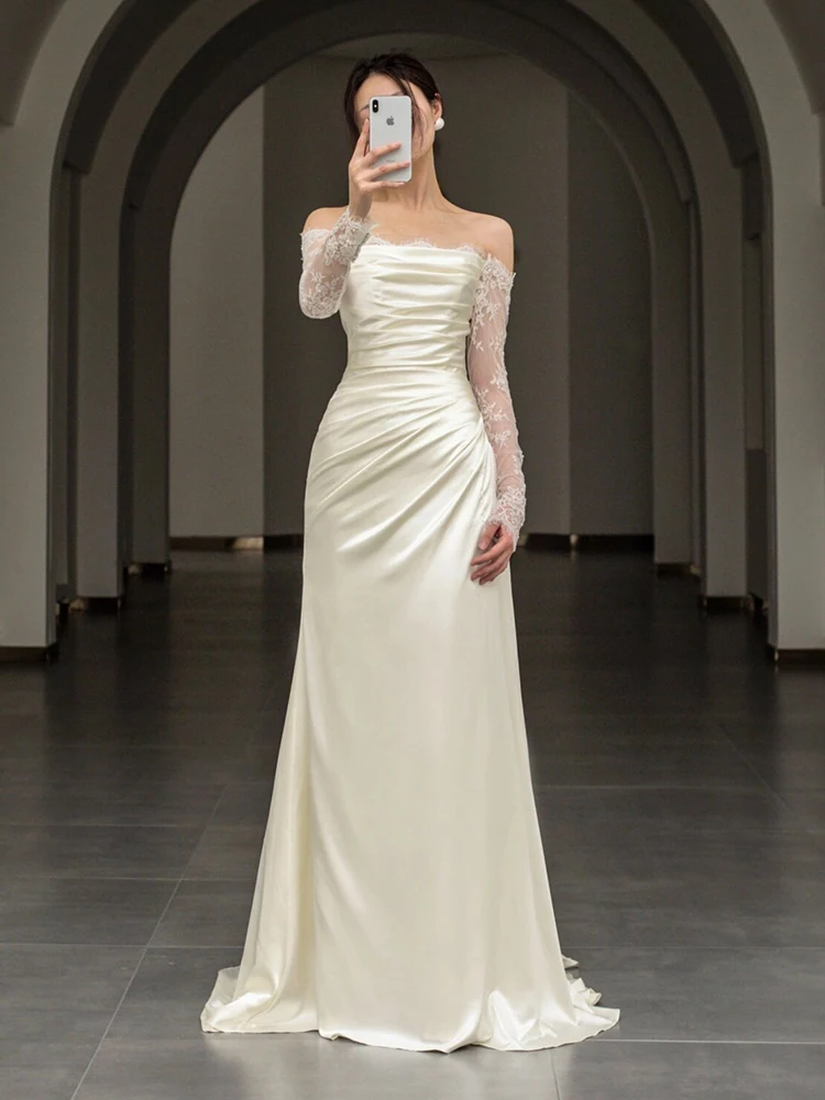 Elegant Satin Wedding Dress One Shoulder Long Sleeve Bridal Gown Fish Tail Skirt Outbound Ceremony Welcome Guest Dress
Elegant Satin Wedding Dress One Shoulder Long Sleeve Bridal Gown Fish Tail Skirt Outbound Ceremony Welcome Guest Dress
