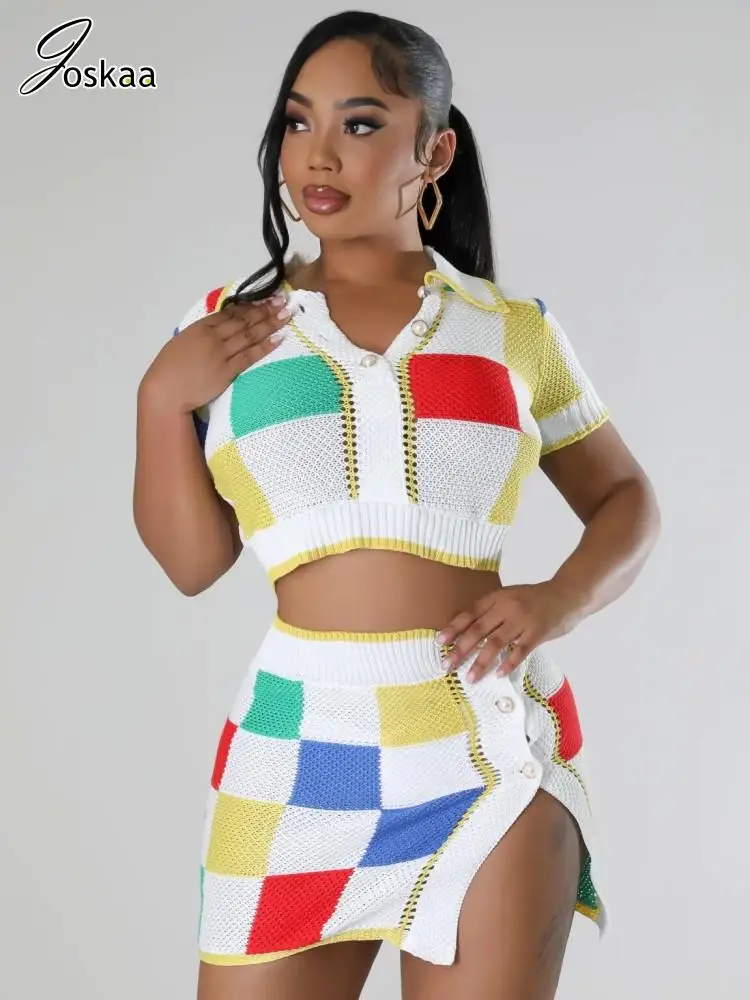 Joskaa Patchwork Knitted 2 Piece Set Women Hipster Lapel Short Sleeve Pullovers and Mini Skirt Matching 2025 Vacation Streetwear
Joskaa Patchwork Knitted 2 Piece Set Women Hipster Lapel Short Sleeve Pullovers and Mini Skirt Matching 2025 Vacation Streetwear