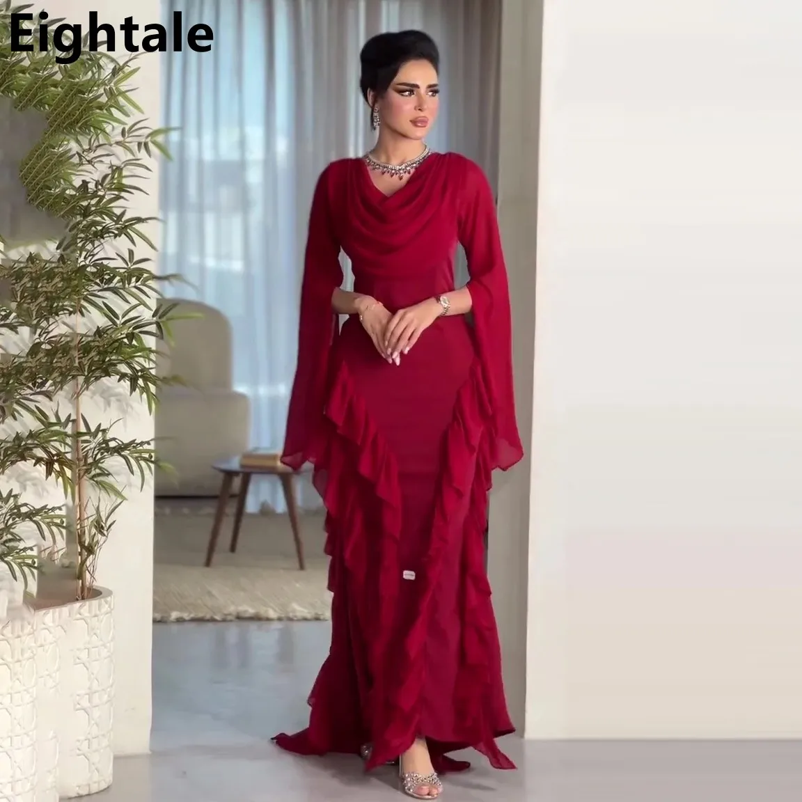 Eightale Dark Red Chiffon Long Sleeve Saudi Arabic Evening Dress Mermaid Prom Party Dress Women Dubai Formal Gowns Customized
Eightale Dark Red Chiffon Long Sleeve Saudi Arabic Evening Dress Mermaid Prom Party Dress Women Dubai Formal Gowns Customized