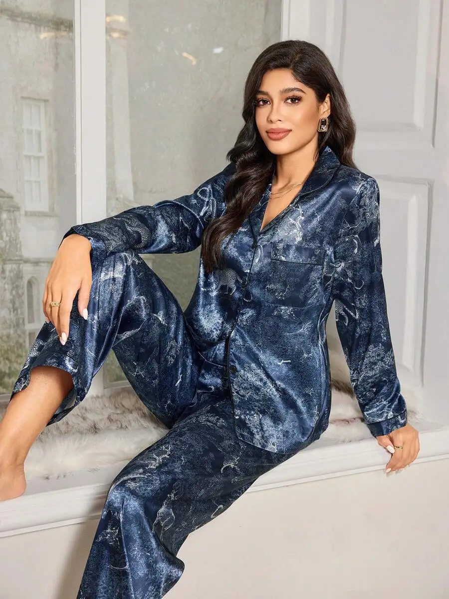 Elegant Blue Satin Long Sleeve Pajama Set With Lapel Neckline And Pockets
Elegant Blue Satin Long Sleeve Pajama Set With Lapel Neckline And Pockets