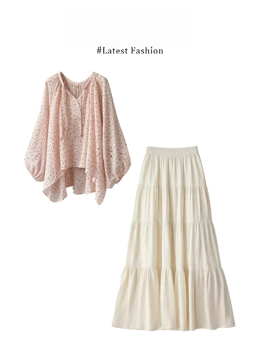 Fashionable Polka Dot Chiffon Top And High Waist Skirt Set by Parkyeon Women's Summer Casual Wear Quick Dry Medium Thickness
Fashionable Polka Dot Chiffon Top And High Waist Skirt Set by Parkyeon Women's Summer Casual Wear Quick Dry Medium Thickness