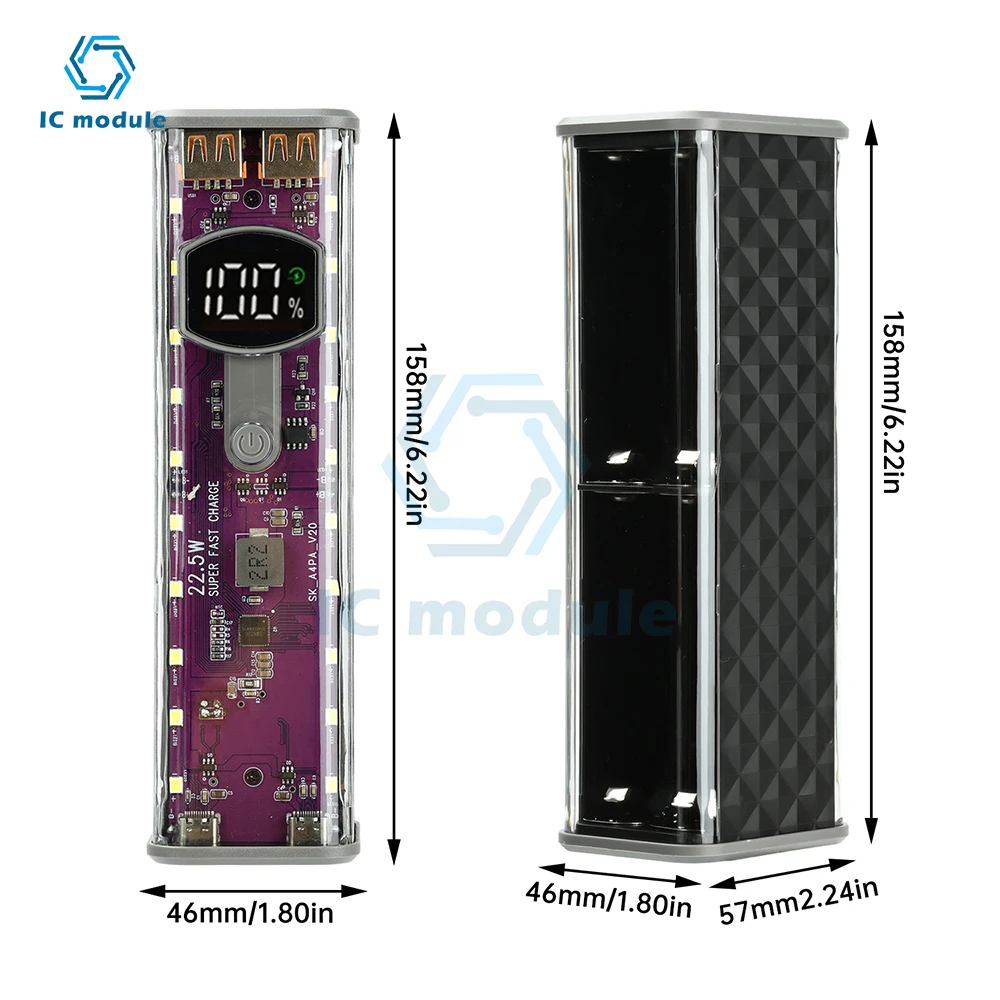 Portable Power Bank Case DIY Kit 22.5W Transparent Case 18650 Batteries Case Solder-Free Supports Low-Current Mode
Portable Power Bank Case DIY Kit 22.5W Transparent Case 18650 Batteries Case Solder-Free Supports Low-Current Mode