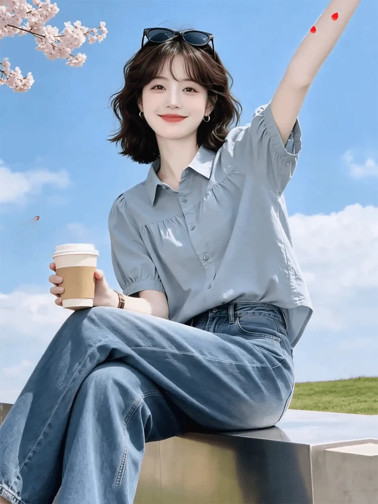 Korean Style Women's Shirt Casual Comfortable Soft Style Bubble Sleeve Turn-down Collar Loose Breathable Top Summer New Arrival
Korean Style Women's Shirt Casual Comfortable Soft Style Bubble Sleeve Turn-down Collar Loose Breathable Top Summer New Arrival