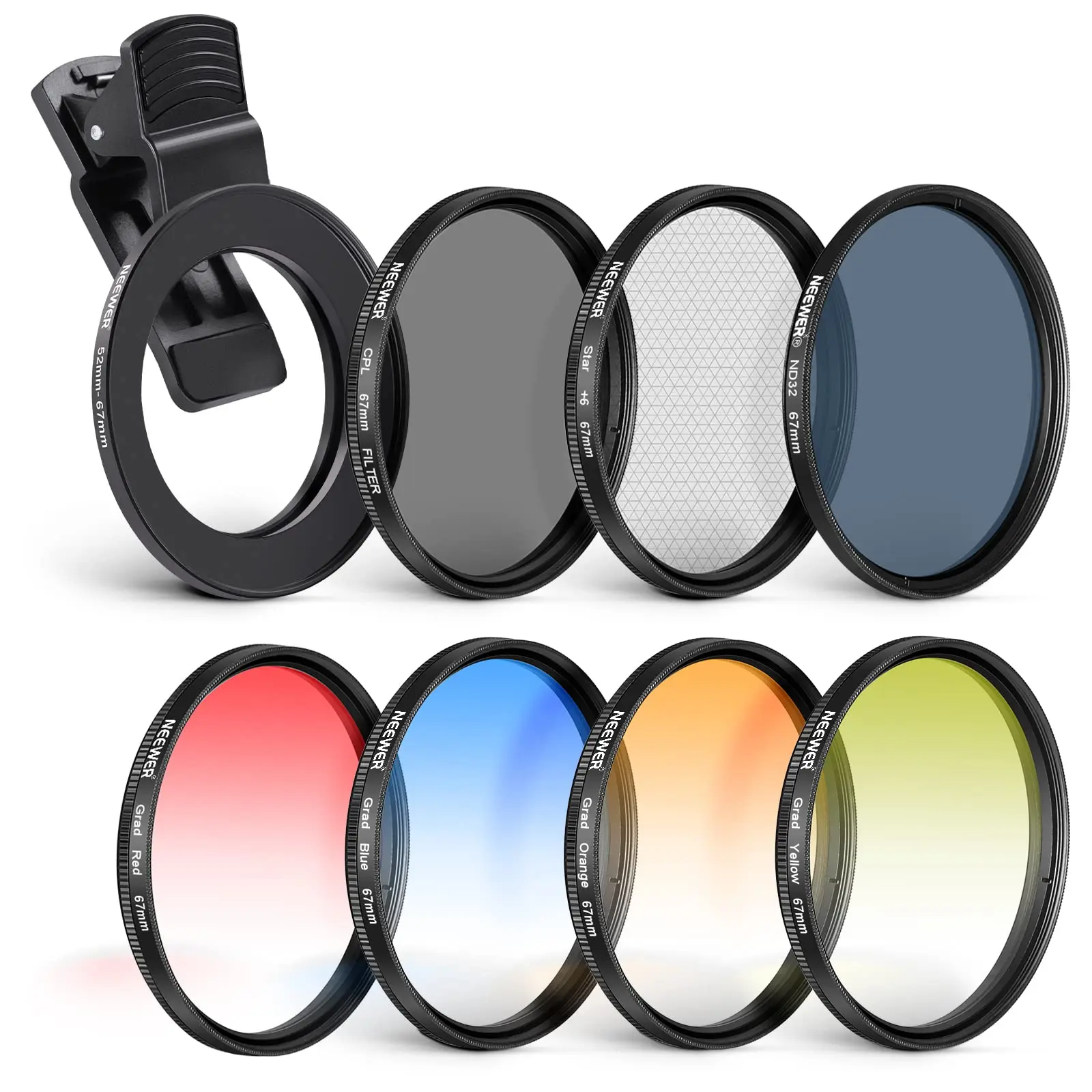 7 Pcs 67mm Clip on Filters Kit for Phone & Camera CPL ND32 ND Star 4 Graduated Color Filter Phone Camera Lens Filter Kit
7 Pcs 67mm Clip on Filters Kit for Phone & Camera CPL ND32 ND Star 4 Graduated Color Filter Phone Camera Lens Filter Kit