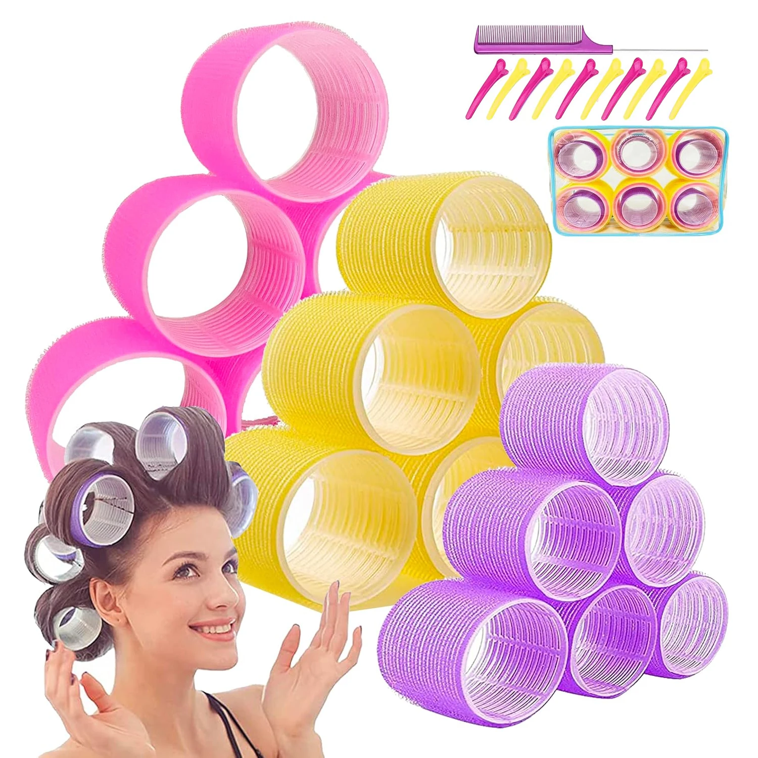 31pcs 3 Sizes (3''/2.5''/2.2'') with 18 Clips &1 Comb Jumbo Hair Rollers Set, Self-Grip Velcro Curlers for Long Hair
31pcs 3 Sizes (3''/2.5''/2.2'') with 18 Clips &1 Comb Jumbo Hair Rollers Set, Self-Grip Velcro Curlers for Long Hair