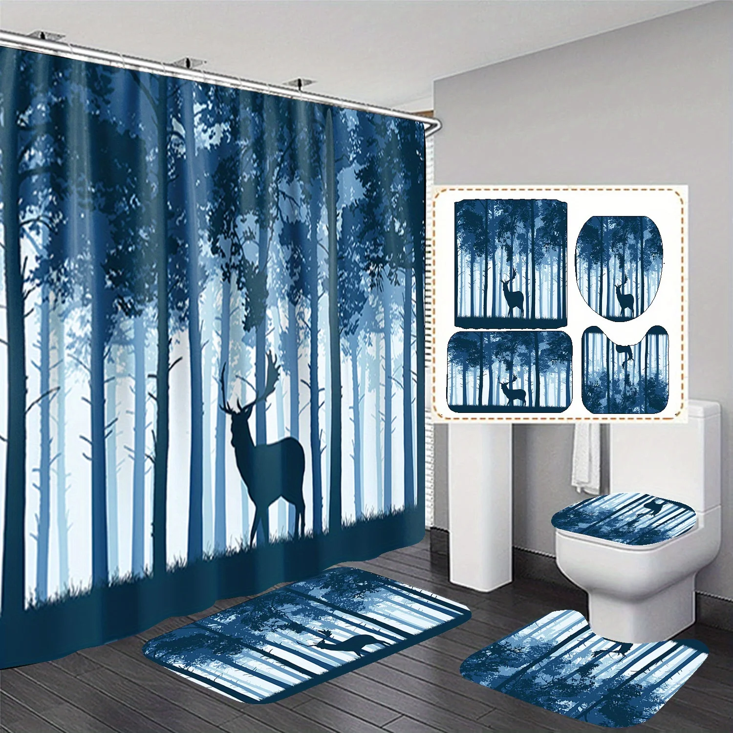Forest Deer Shadow Bathroom Set: Waterproof Shower Curtain, Comfort Contour Rug, Stylish Toilet Lid Cover, Safe Bathtub Mat
Forest Deer Shadow Bathroom Set: Waterproof Shower Curtain, Comfort Contour Rug, Stylish Toilet Lid Cover, Safe Bathtub Mat